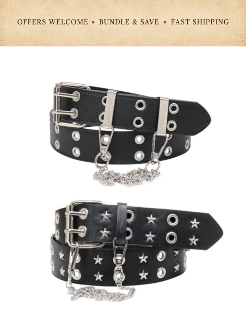 2 Pc Studded Belt Y2K Star Double Grommet Chain Goth Punk PU Leather